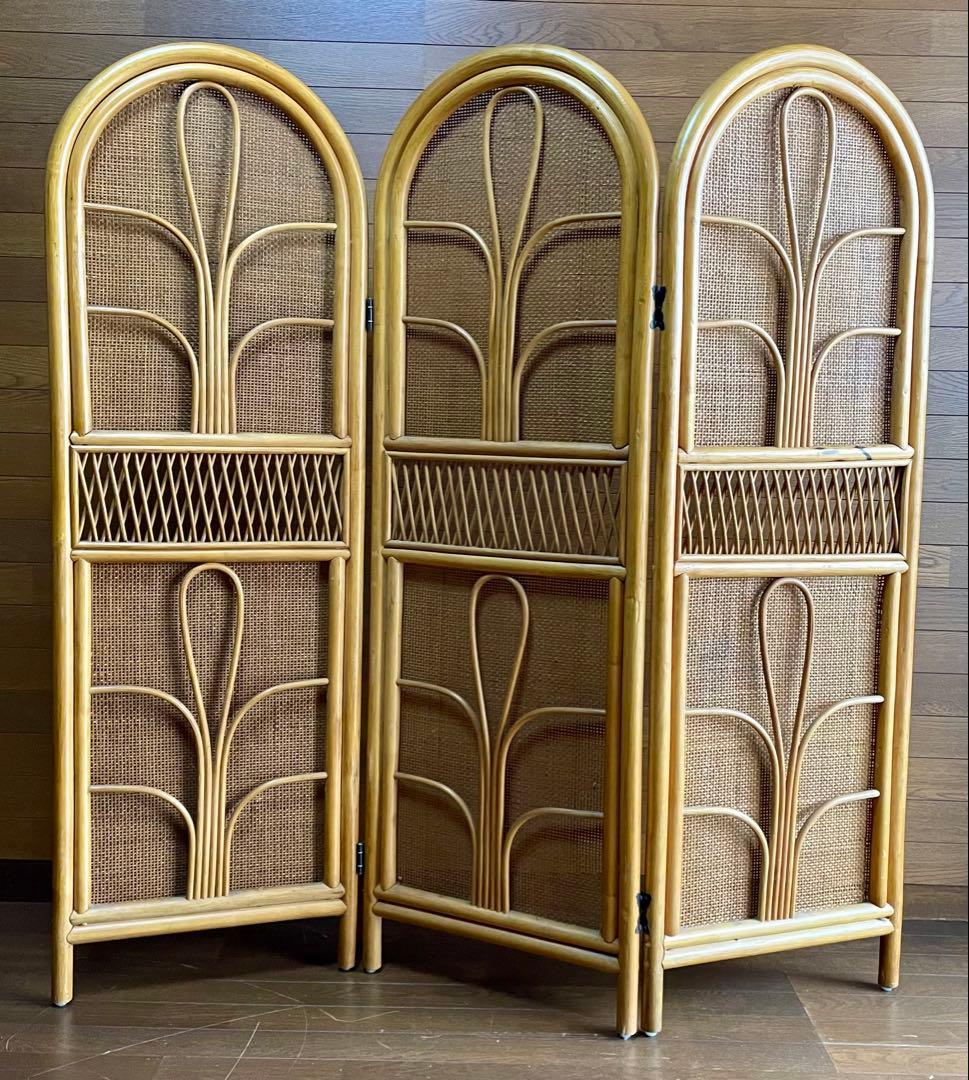 3連 パーテーション ラタン 籐 木製 ウッド 間仕切り ついたて 昭和レトロ