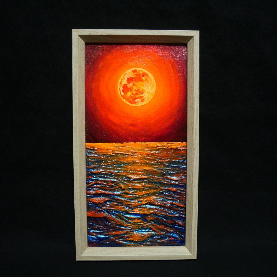 油絵 油彩 油彩画 絵 絵画 長方形ミニ絵画【オレンジ色の満月】 4ee385cfc8eb101d631591b880a54f