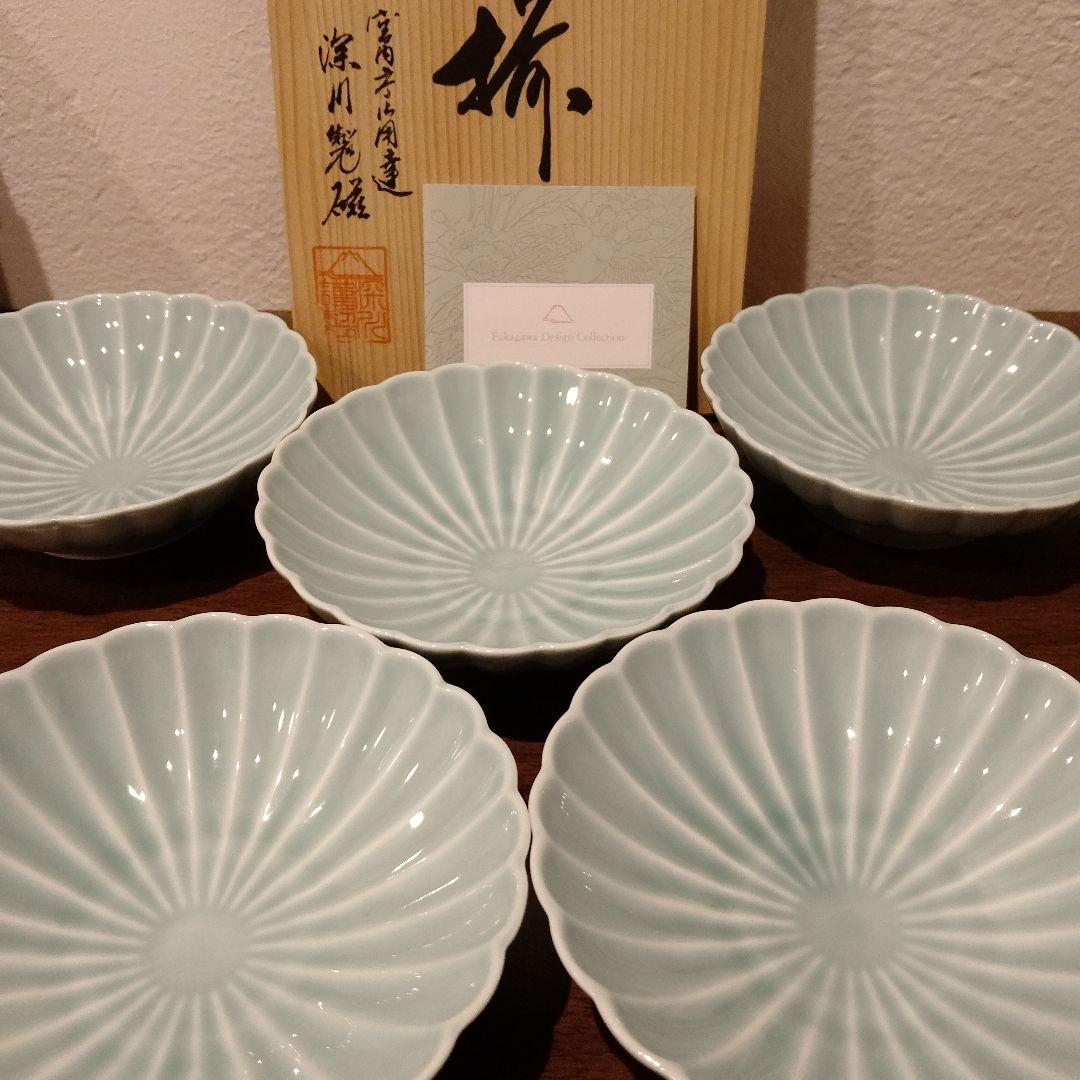 未使用新品　深川製磁　菊割小付揃　小皿　青磁　箱入　有田焼　5枚 m94146830189_1.jpg?1755390185