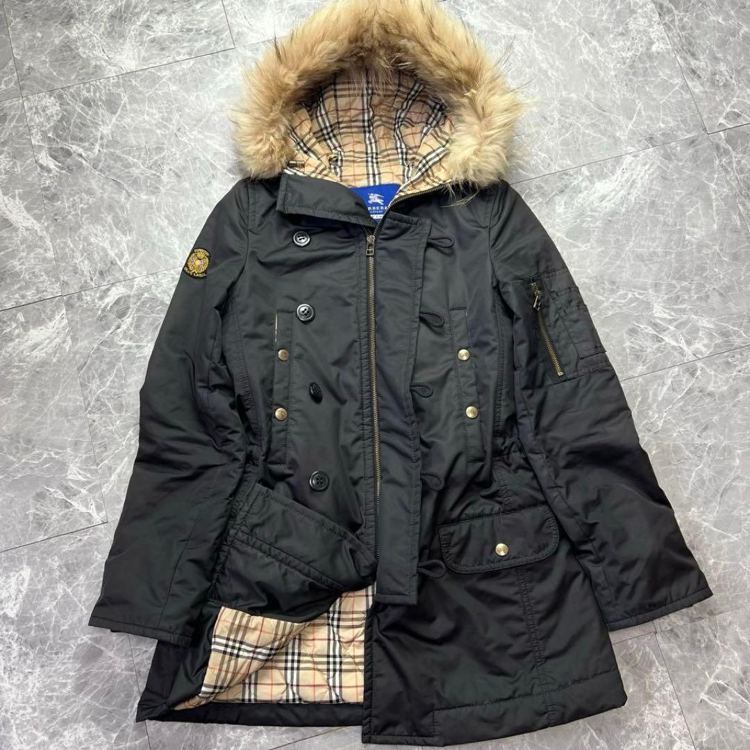 バーバリー♡モッズコート　ラクーンファー　ノバチェック 黒　36 S バーバリー♡モッズコート ラクーンファー ノバチェック 黒 36 S