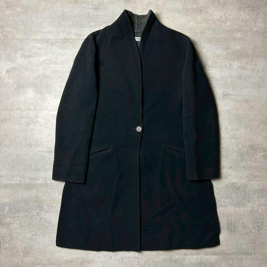 エンポリオアルマーニ イタリア製 スタンドロングコート リバーコート ブラック エンポリオアルマーニEMPORIO ARMANI ワイドカラーフェイクムートン