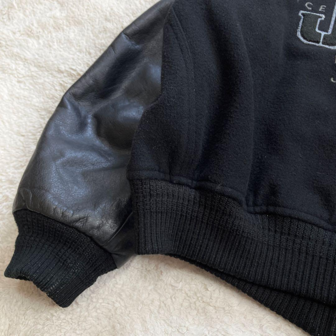 希少】JUNMEN スタジャン 袖レザー 牛革 背面デカロゴ キルティング 黒