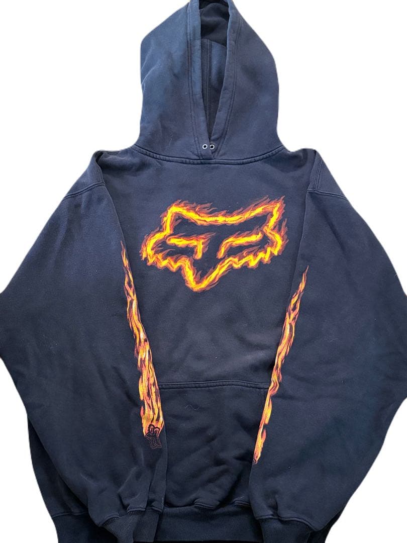 バ*ン様 Fox racing ファイヤーパターン　パーカー　フーディー　ブラッ FOX(フォックス) Fox racing ファイヤーパターン パーカー フーディー