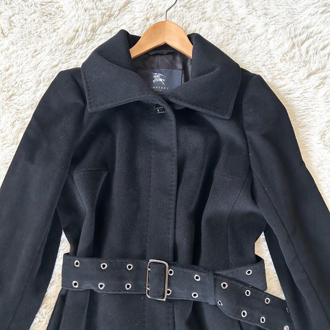 バーバリーロンドン ロングコート アンゴラ ベルト 銀ボタン ブラック 40 L