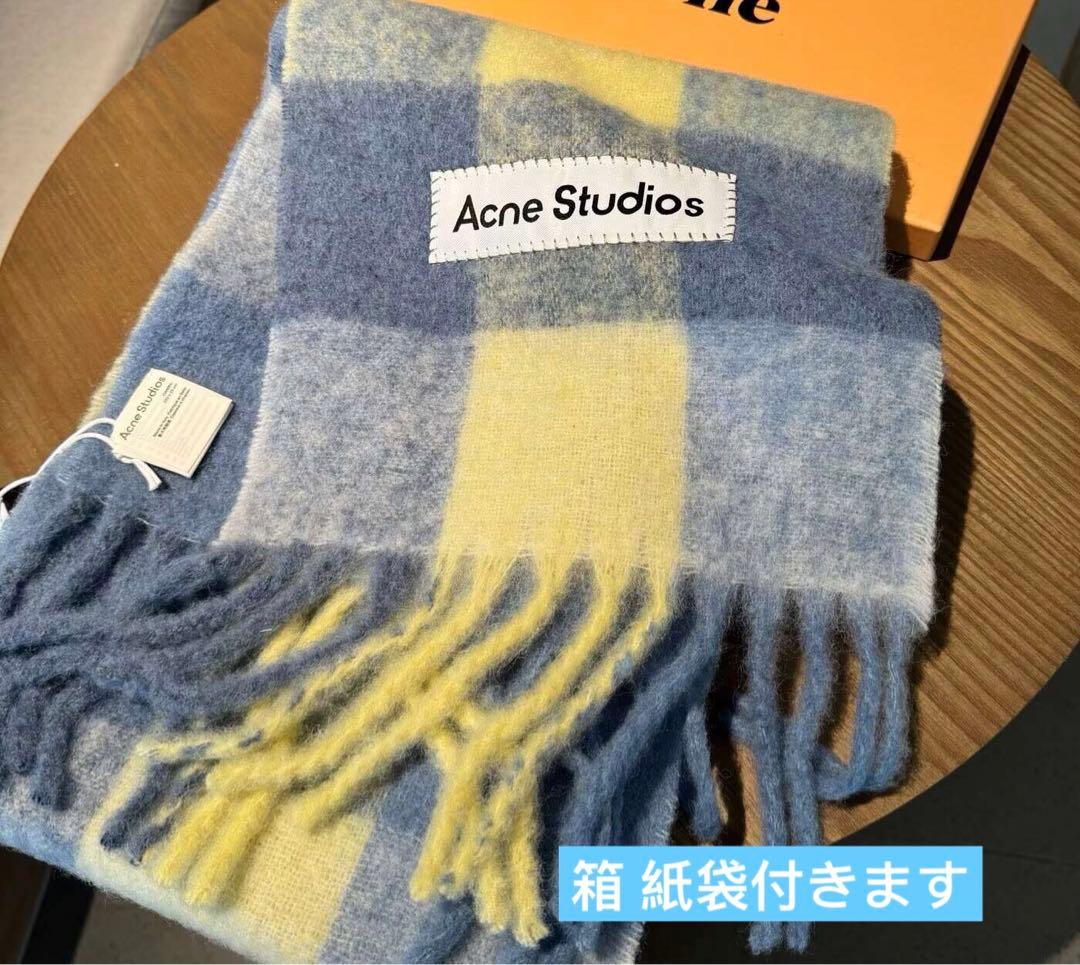 Acne Studios チェック柄マフラー ブルー Acne Studios - Mohair checked scarf - White/grey/royal blue