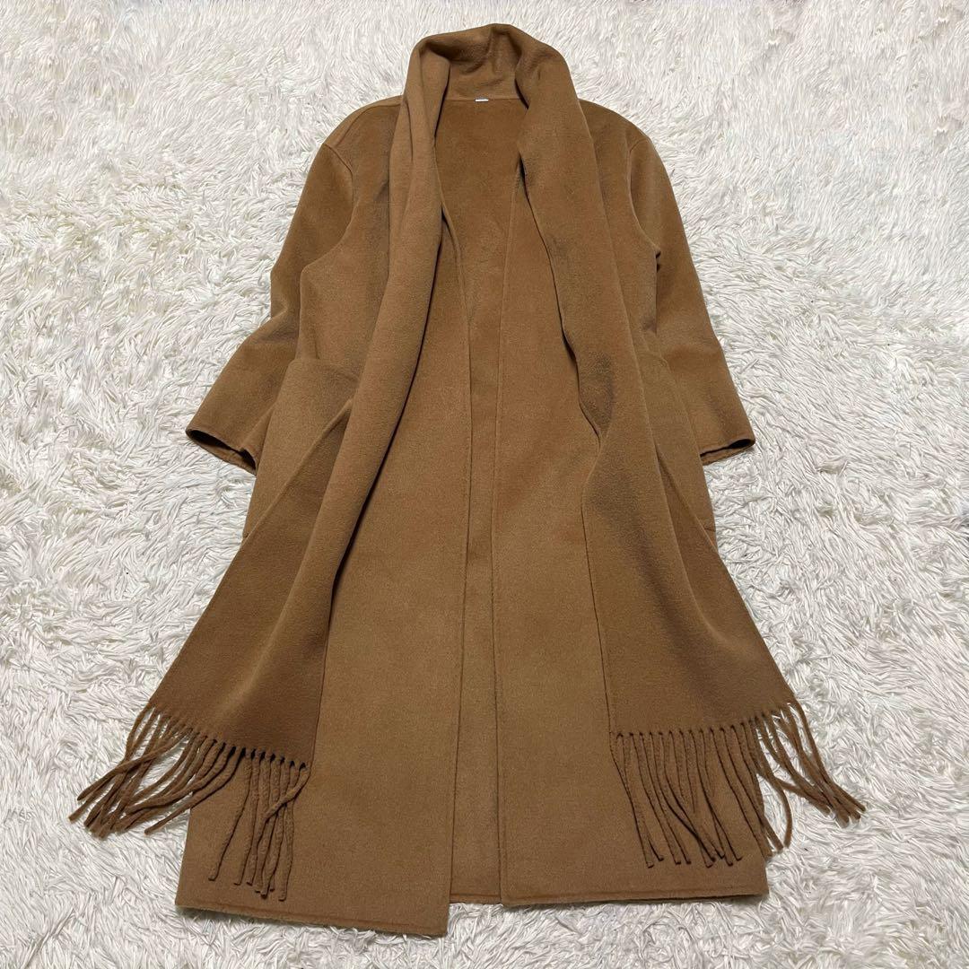 美品 ミラオーウェン フリンジ マフラー付き キャメル ロングコート
