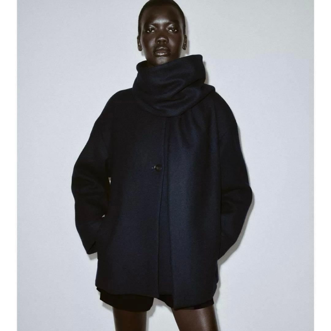 ZARA ウールショートスカーフコート ネイビー - メルカリ