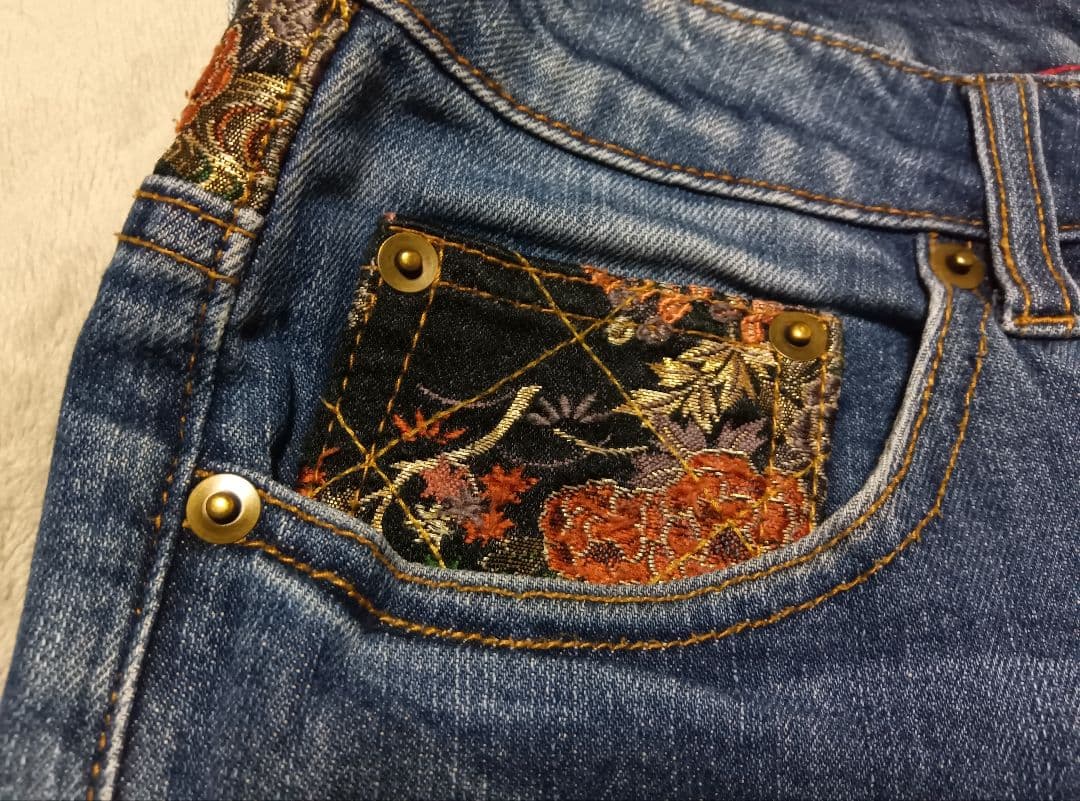 雅結】雅結 鯉 和柄刺繍デニムパンツ 32 鬼ヒゲ