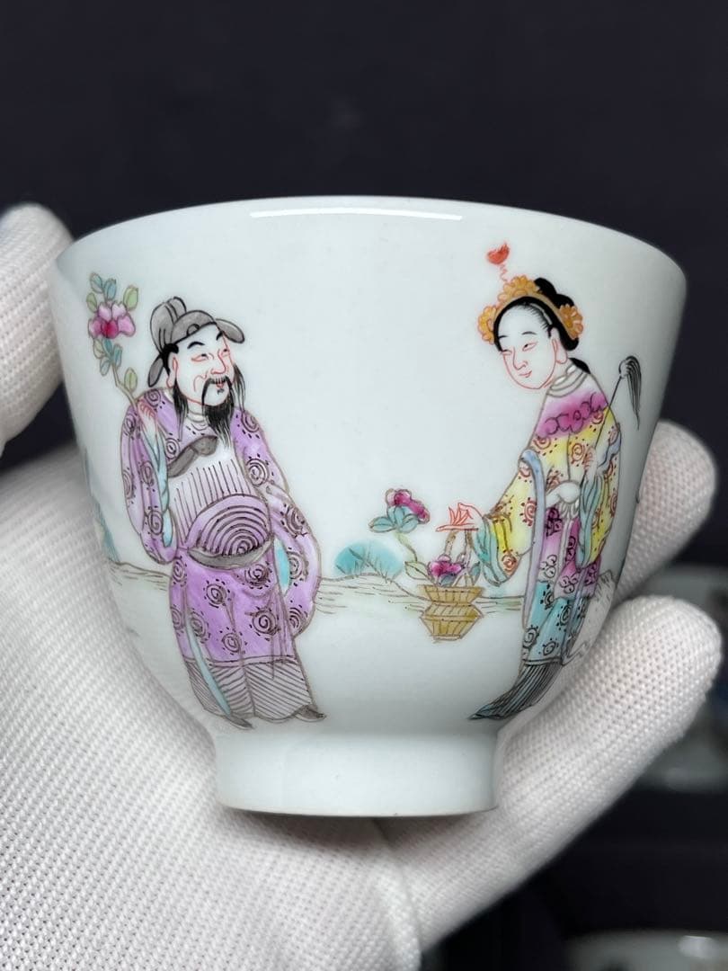 中国古美術 古磁 玩玉在銘 湯呑み 6点セット 手描き 細工粉