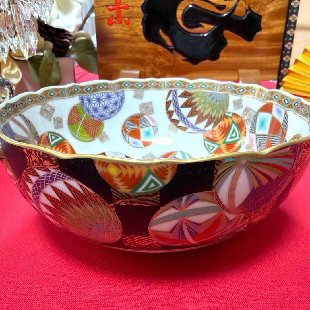 前畑陶器庫山窯　羽子板皿　色絵手毬揃い　金彩　No.4-43