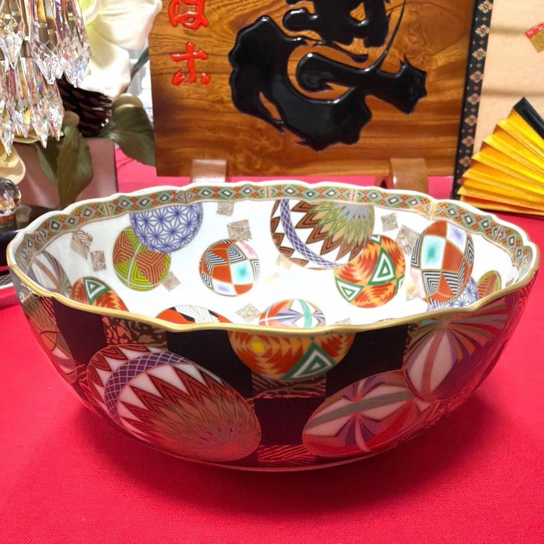 前畑陶器庫山窯　羽子板皿　色絵手毬揃い　金彩　No.4-43