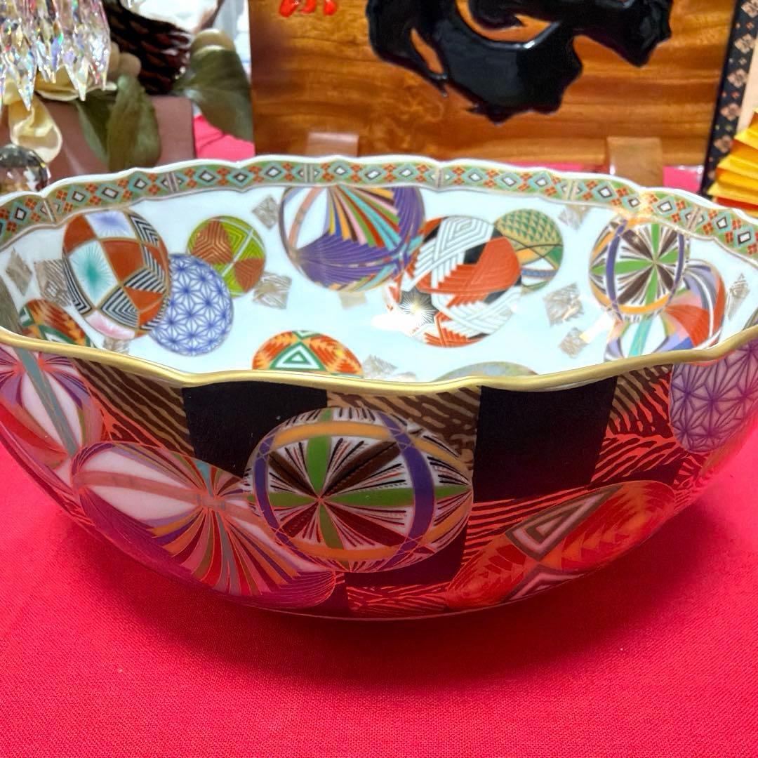 前畑陶器庫山窯　羽子板皿　色絵手毬揃い　金彩　No.4-43