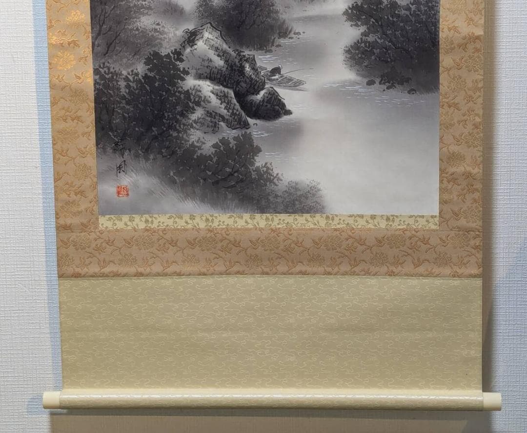 真作】掛軸 霧中山水 静寂の中に佇む墨彩画 秀逸な作品