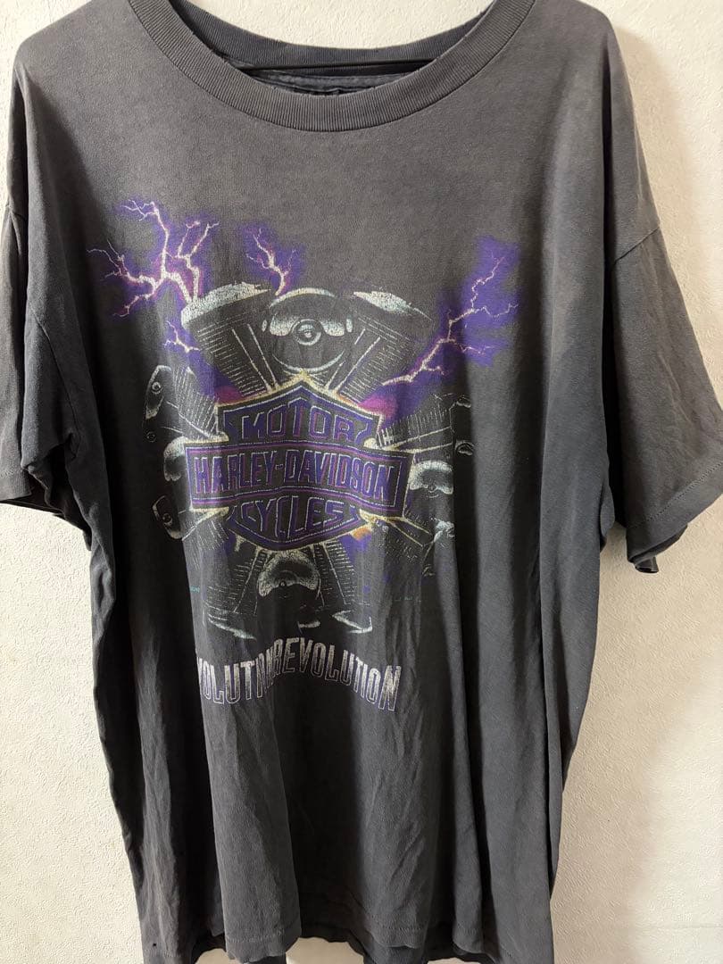当時物★90s★USA製激レア★ハーレーダビッドソンTシャツサンダーエンジンL紫 古着 90s USA製 HARLEY DAVIDSON 豪華 V2 & サンダー パターン Tシャツ