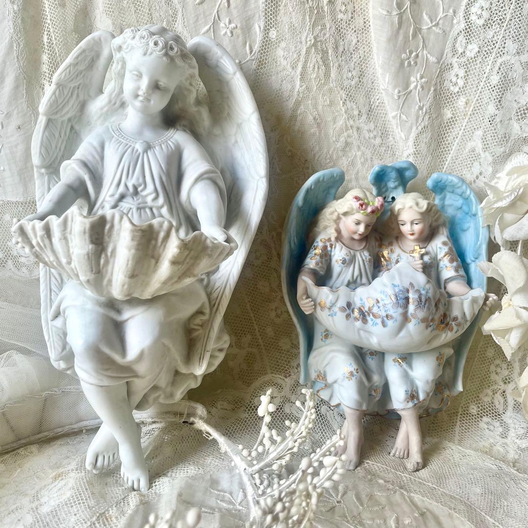 二人の天使の聖水盤ビスクフランスアンティークブルー金彩双子エンジェル