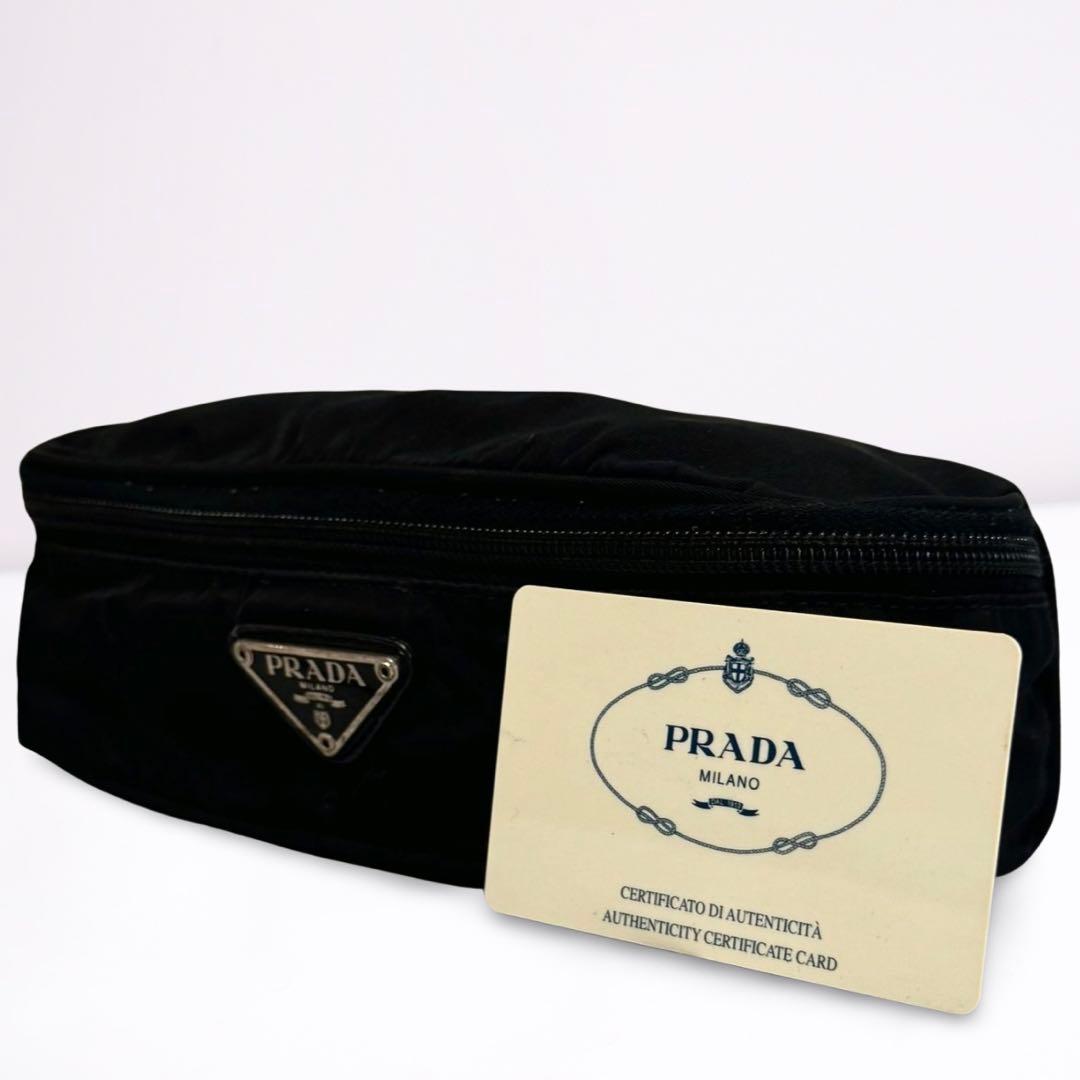 美品】PRADA プラダ ナイロンポーチ 黒 三角ロゴ ギャラカード付 正規