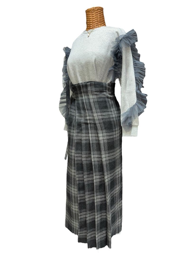 ◎ワイズY´s タータンチェックキルトラップスカート 濃淡グレー3