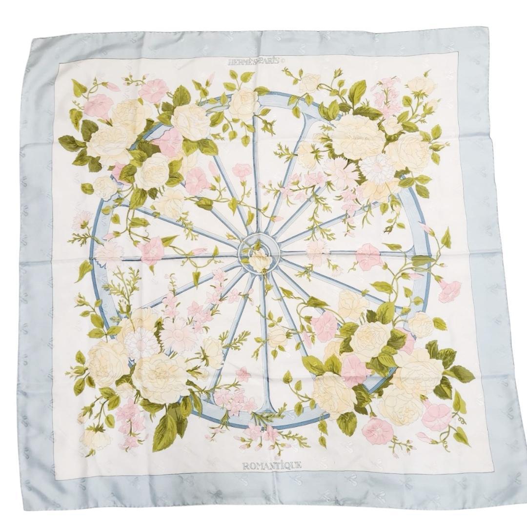 【良品 カレ90】エルメス 大判スカーフ《ロマンティック》薔薇 花柄 シルク