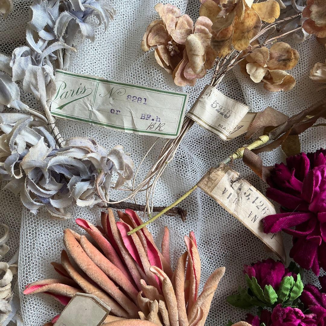 専用 フランスアンティーク 帽子飾り 枯れた布花 紙ラベル付 ブーケ