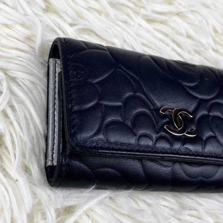 極美品 CHANEL レザー キーケース 6連 ココマーク カメリア 型押し 黒