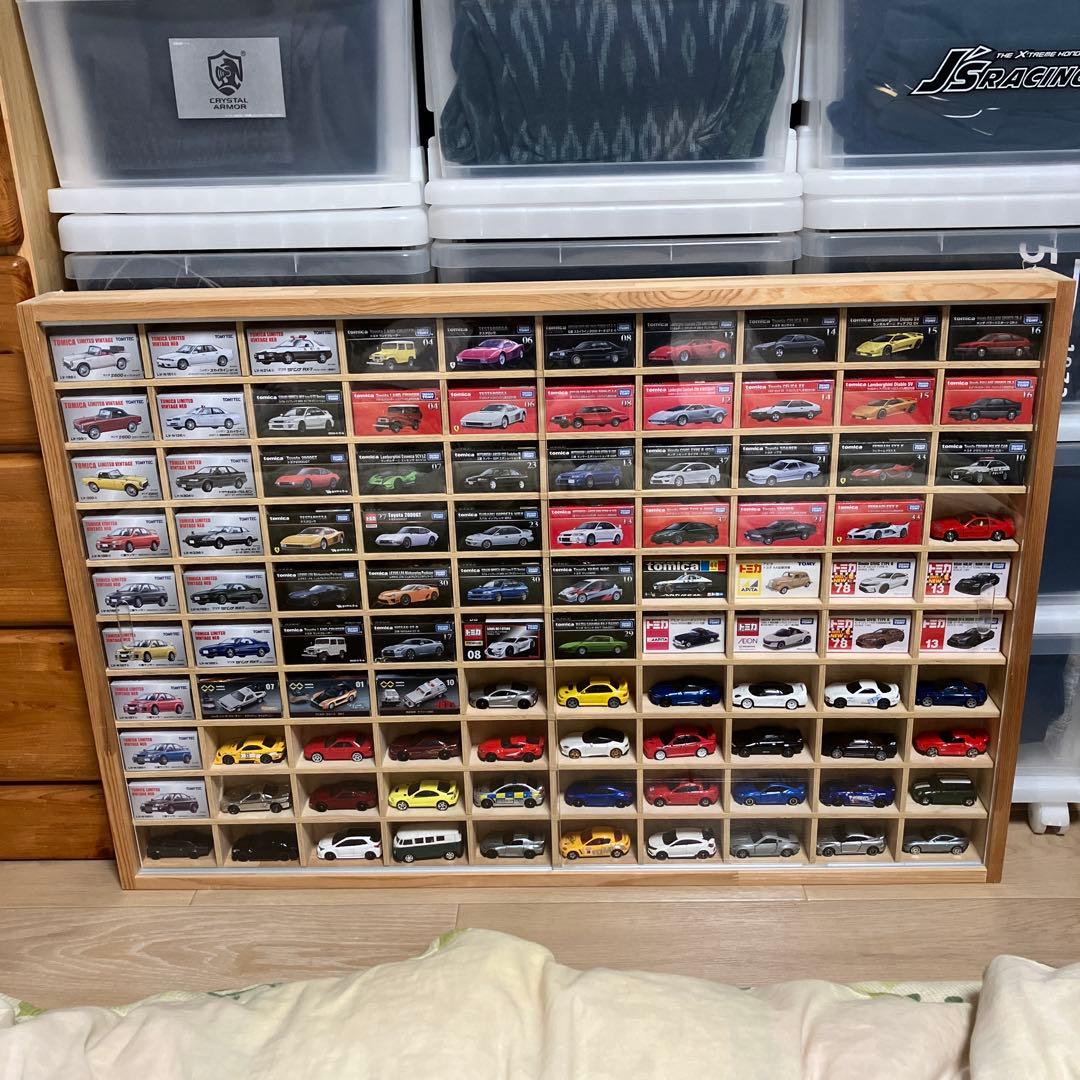 木製トミカミニカーケース 100台収納　アクリル障子付(大) 日本製 ブラック色全塗装 アクリル障子付 木製ミニカー収納ケース トミカ