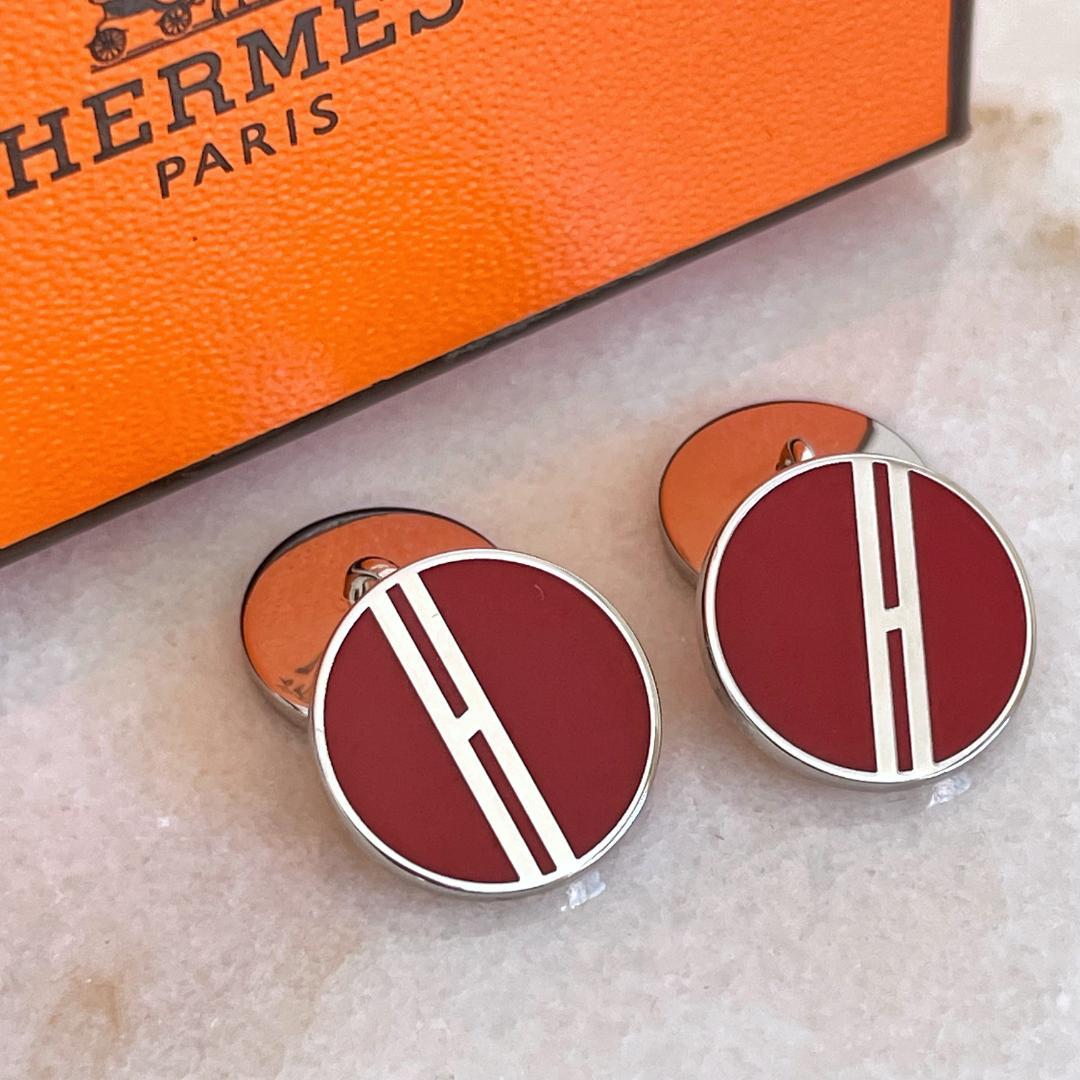 2530 極美品☆HERMES エルメス Hロゴ カフスボタン レッド×シルバー