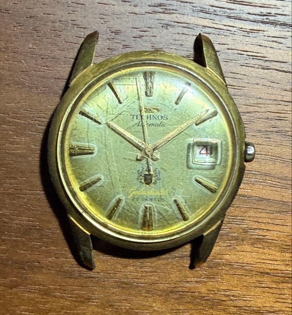 TECHNOS 自動巻き時計 25ジュエル ゴールド 現状品 2/24ポイント5倍】送料無料 腕時計 メンズ 自動巻き 人工ダイヤ
