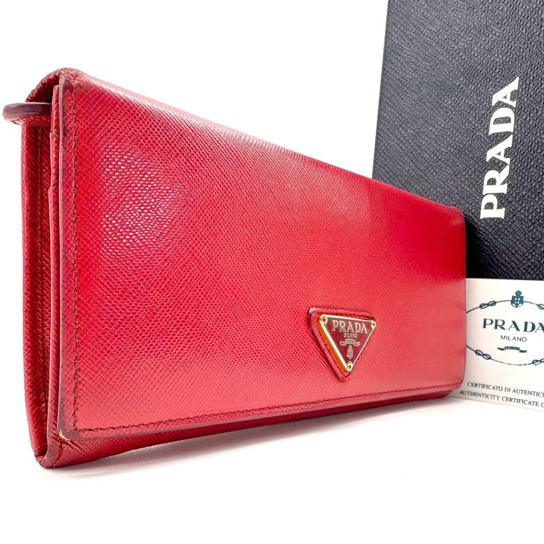 【美品】PRADA　長財布　サフィアーノレザー　三角ロゴ　赤　ゴールド　二つ折り PRADA（プラダ） 二つ折り長財布 三角ロゴ サフィアーノレザー レッドx