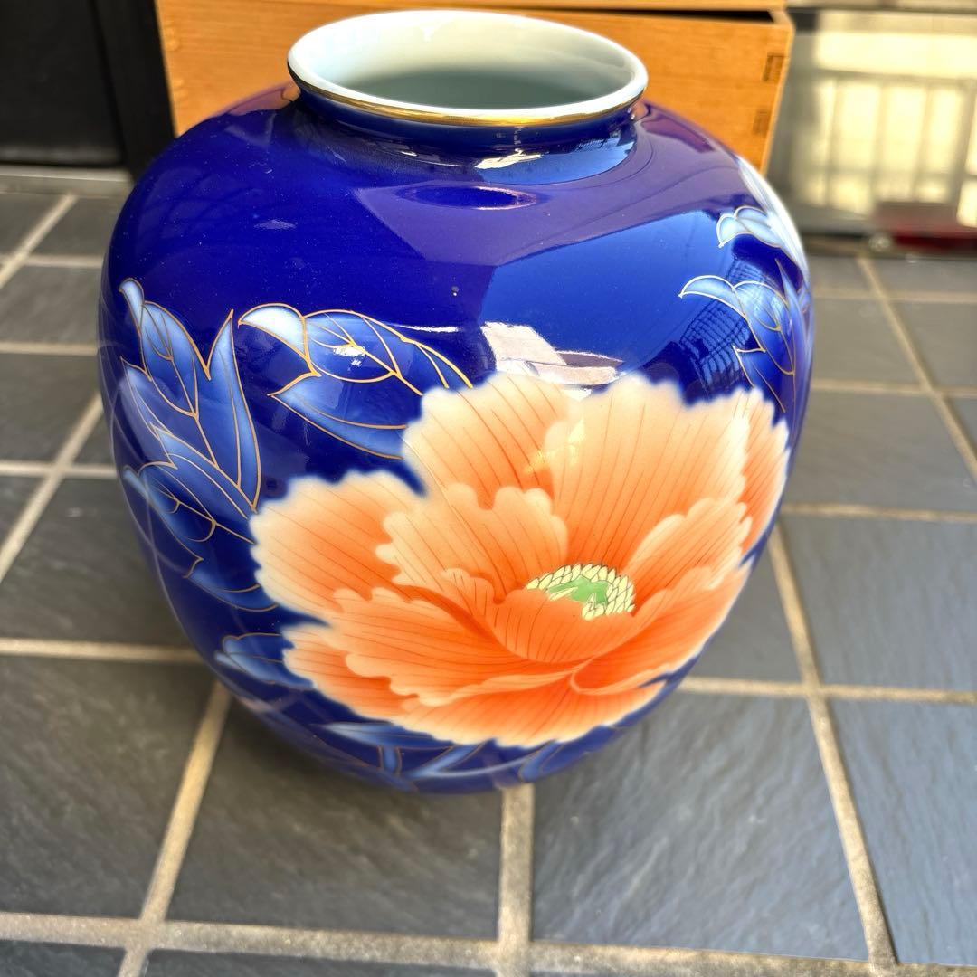 新品未使用】深川製磁 花瓶 花器 壺 百合 青 金彩 金縁 インテリア