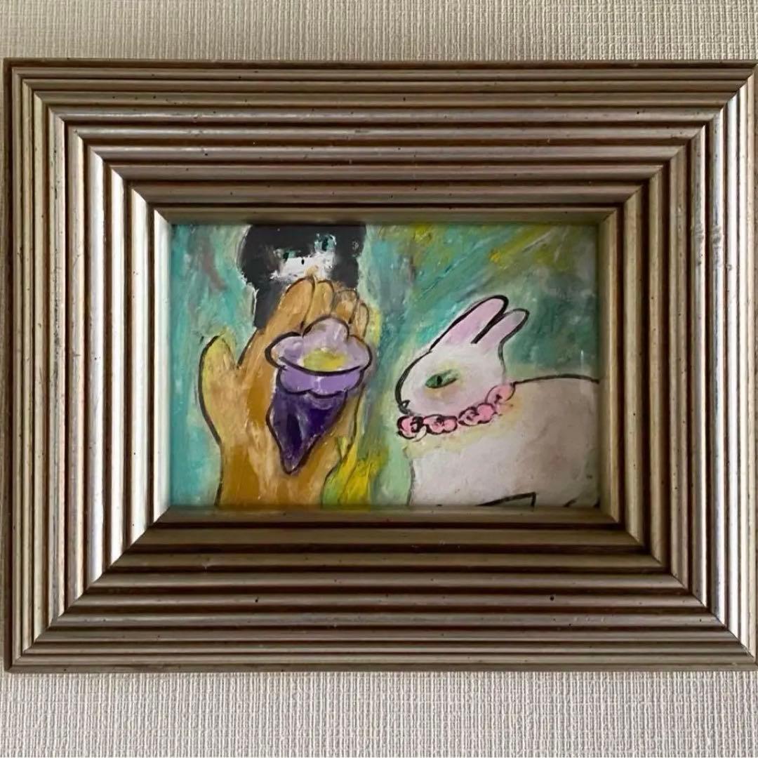 絵画。原画【手の中の紫色のアサガオ、かわいい黒猫とウサギ】 販売 絵画。原画【手の中の紫色のアサガオ、かわいい黒猫とウサギ】