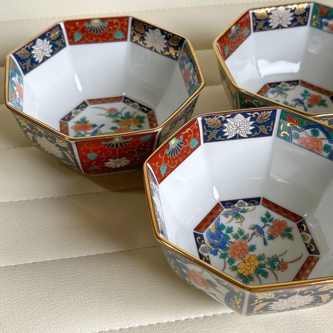 有田焼 青藍窯 金彩古伊万里 八角鉢 3枚セット 中鉢 小鉢 花鳥 色絵 和