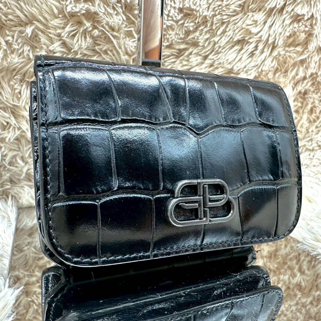 【美品】バレンシアガ 三つ折財布 ブラック クロコ BB ユニセックス BALENCIAGA（バレンシアガ） 財布 三つ折り ミニ財布 ブラック クロコ