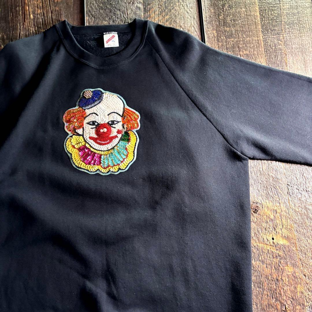 80s USA製 ジャージーズ ラグランスウェット ピエロ スパンコール刺繍XL