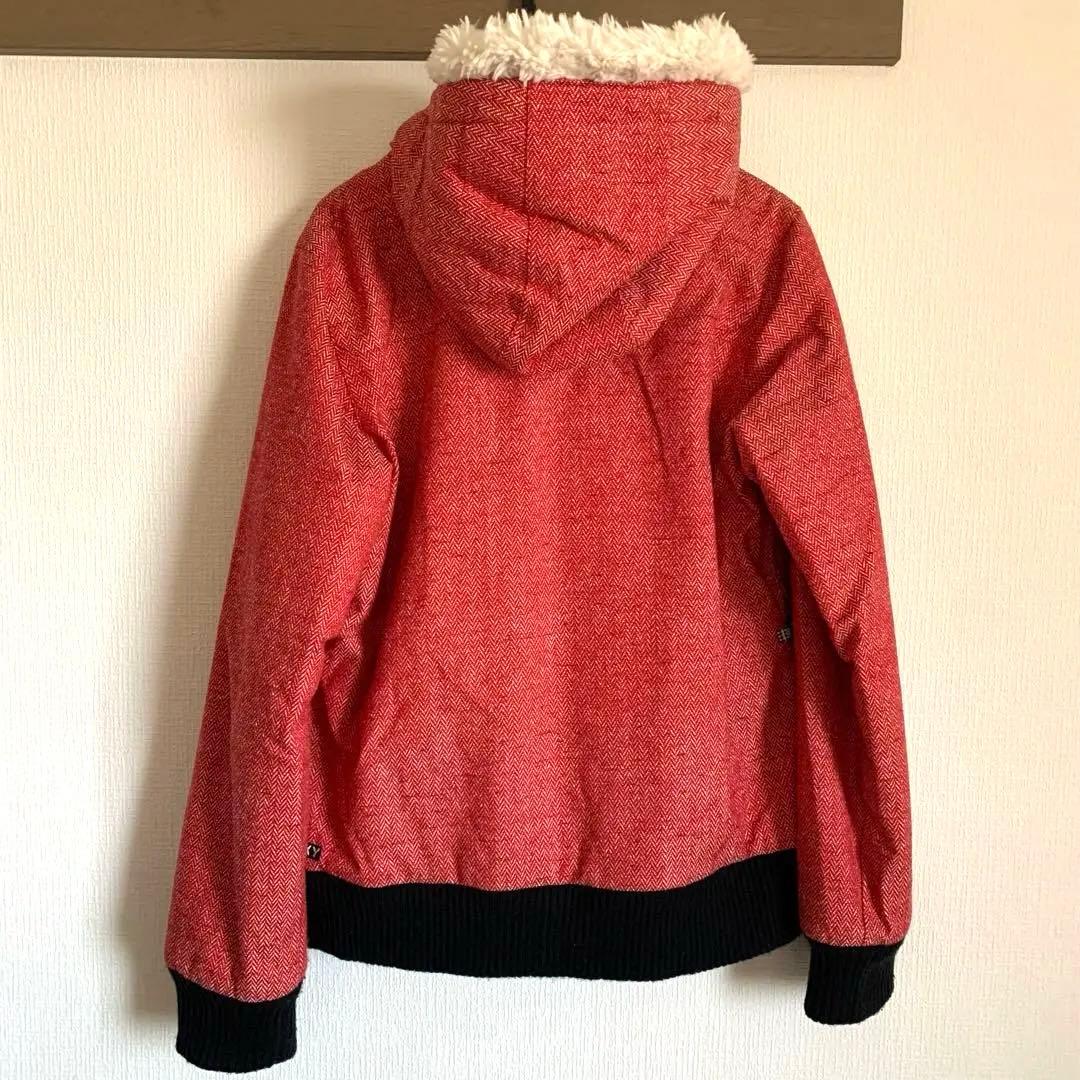 ロキシー 美品スノーウェアMサイズ 赤ツイード風 白ボアフード