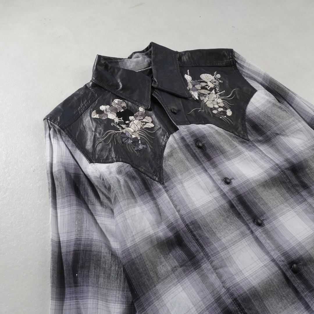 Roen チェック柄 鹿革レザー切替シャツ スカル刺繍 グレー/FZ52 - メルカリ