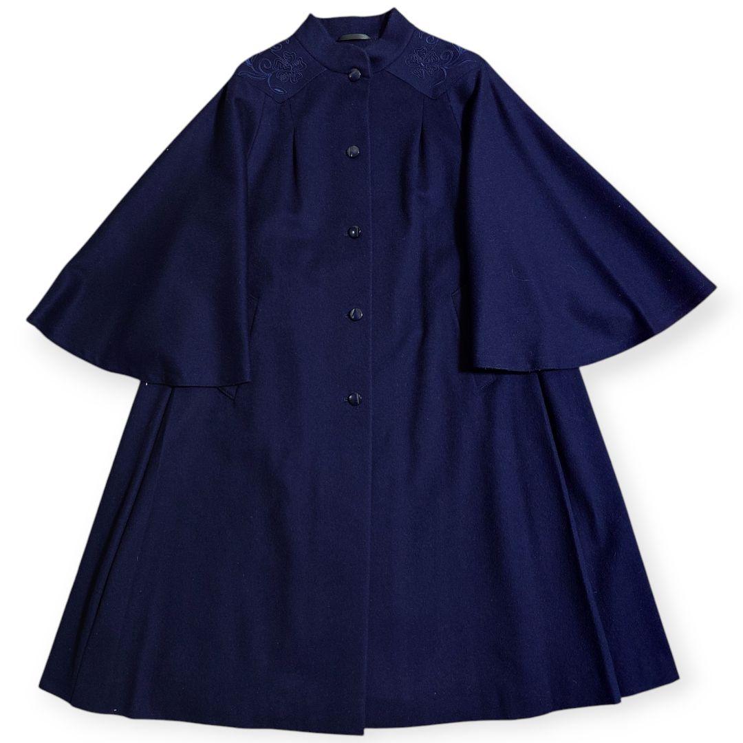 【80s】BAVARIA LODEN ローデンクロス 刺繍 ロング マントコート BAVARIA Loden ロングコート アウター ノーカラー 緑 グリーン XL相当