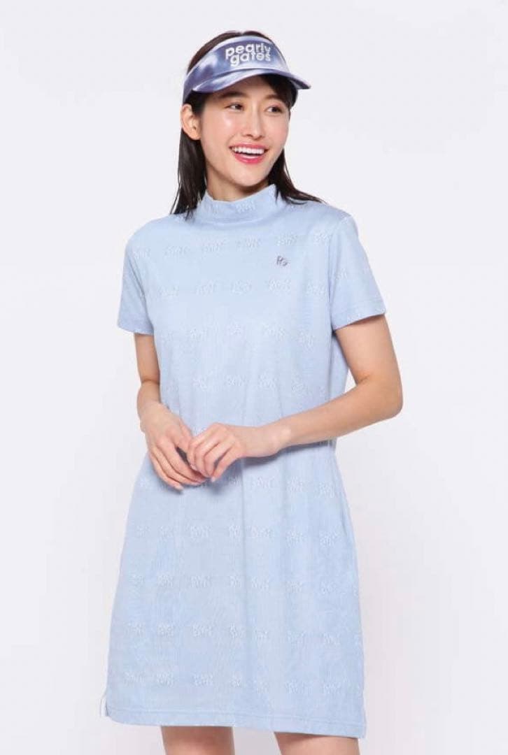 ☆新品、未使用☆ インレーロゴジャガード 半袖ハイネックワンピース ＜ロゴ柄＞ BELLUNA スカートスーツ ジャカードレース素材ハイネックワンピース