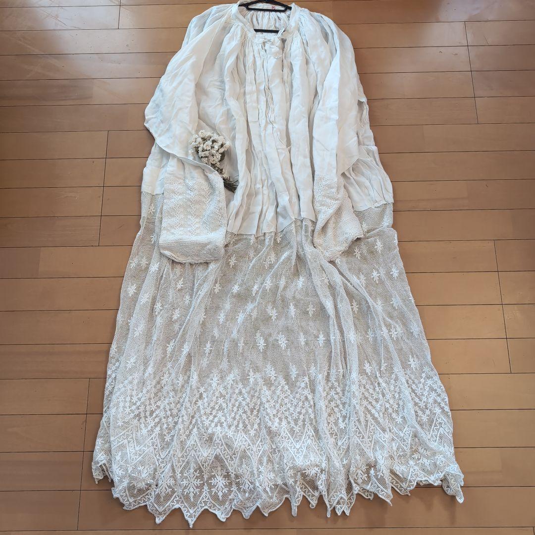 フランスアンティークワンピース　フランスアンティークレース G-297 フランスアンティークレース＆コットンキャミソールワンピース