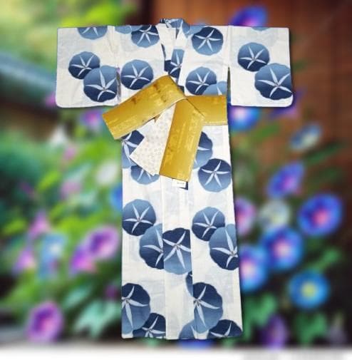 【7/28まで出品】夢工房 朝顔 アサガオ 浴衣・帯セット 高級変わり織 浴衣3点セット ( ゆかた・帯・下駄 ) クリームに朝顔金魚