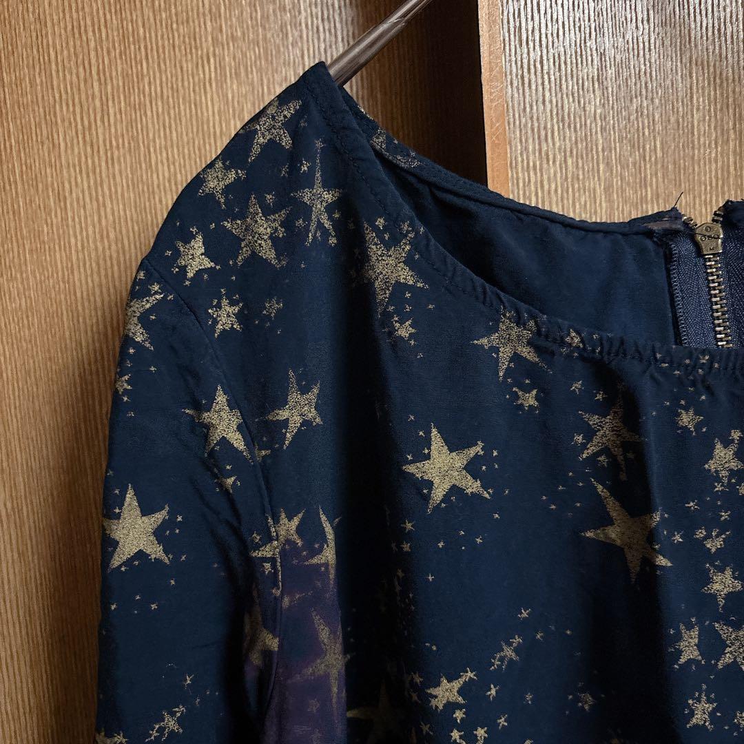 一点もの✨OLD NAVY【M】ネイビー 星柄 ワンピース 七分袖 ショート 春