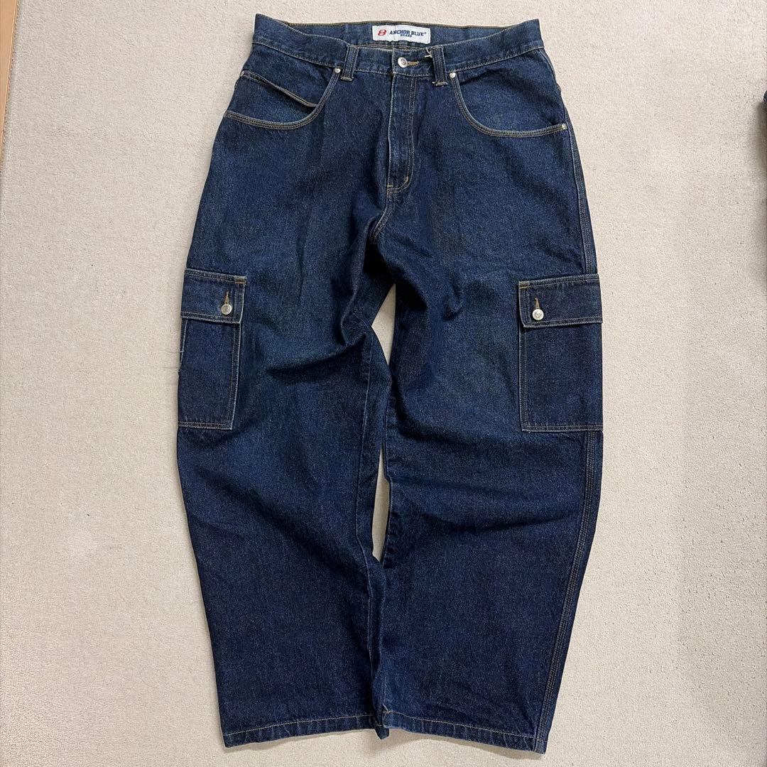 着画 ANCHOR BLUE カーゴデニム W36 ワイドシルエット ストリート ANCHOR BLUE バギーワイドデニム 濃紺 カーゴポケット W36 - メルカリ