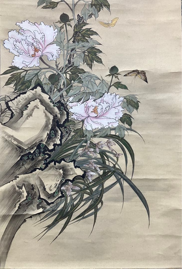 狩野芳崖【蝶・牡丹】紙本 掛軸 二重箱（河鍋暁斎・菊池容斎／狩野派