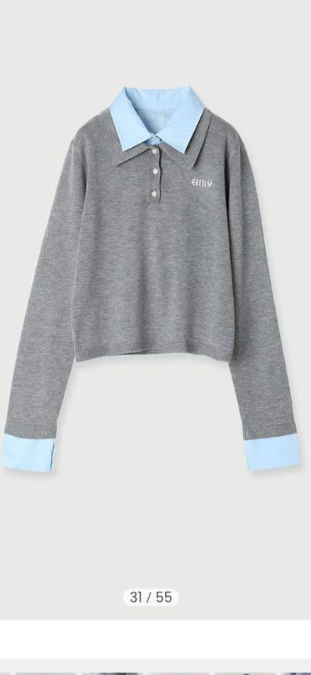 eimyistoireエイミーイストワールグレー 水色 襟 長袖ニットポロシャツ エイミーイストワール EIMY ISTOIRE レイヤード風ポロニット （GREY
