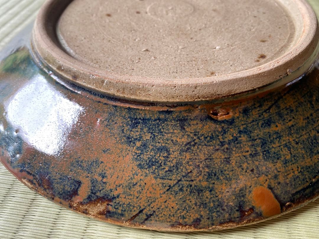 極上！優美大皿人間国宝濱田庄司作 《唐黍文柿釉抜絵皿》（検益子焼浜田庄司