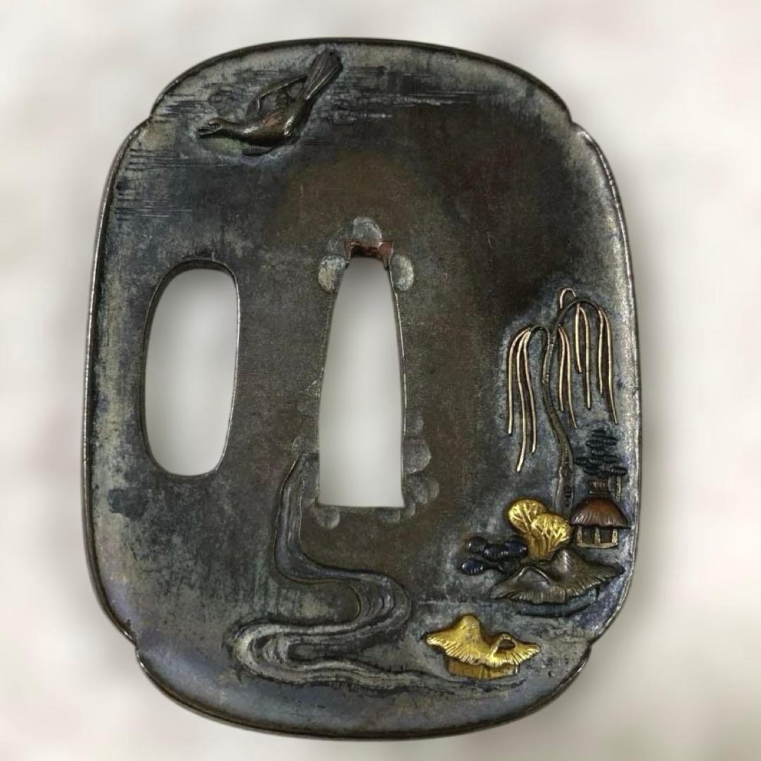 B-24 鍔 金銀象嵌 武具 刀装具 銅製 アンティーク 美術品 工芸品 装飾品