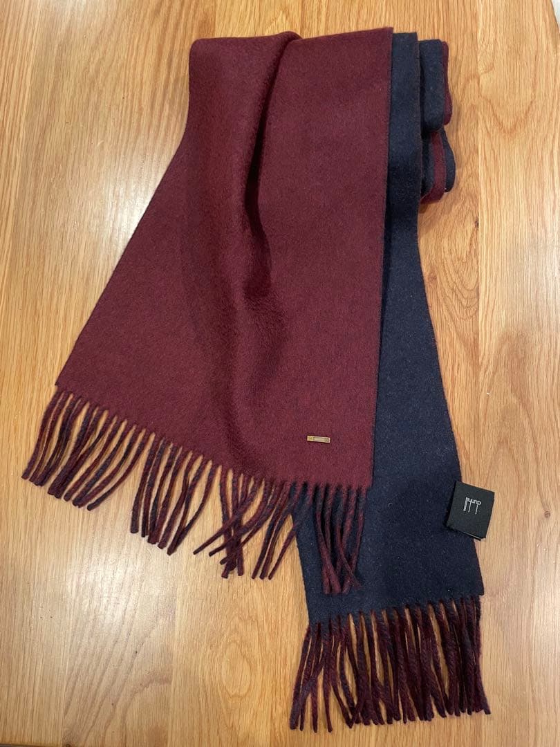 dunhill ネイビー/バーガンディ マフラー ダブルフェイス カシミヤ