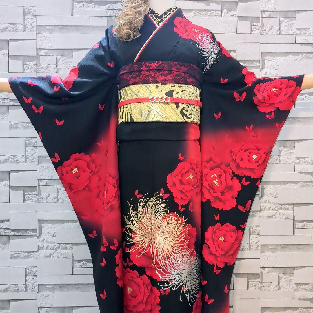 振袖セット 振袖フルセット 正絹 暈し染め 牡丹 乱菊 蝶 金銀彩 黒赤 56 soubien_fuset124m-14006