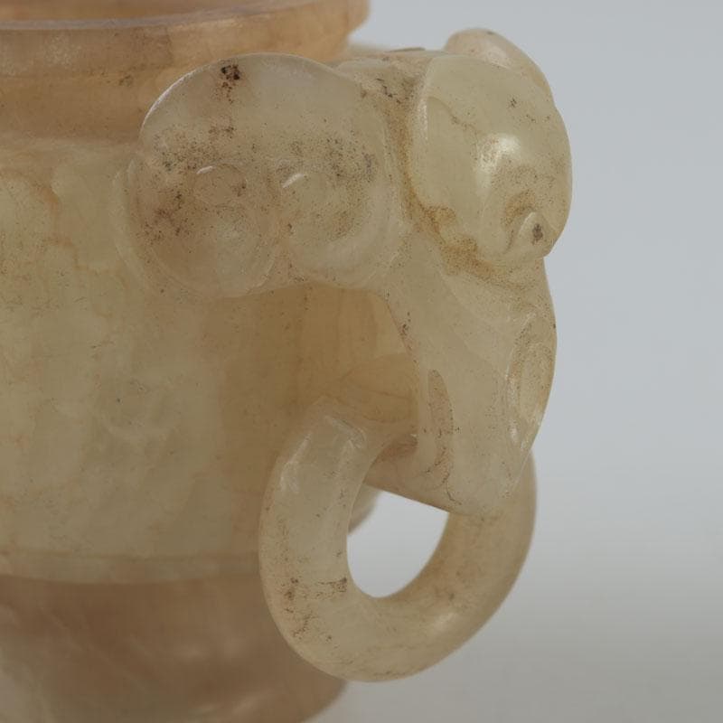 中国 玉石彫刻 獅子摘 双耳遊環 飾壷 香炉 唐木台付 N