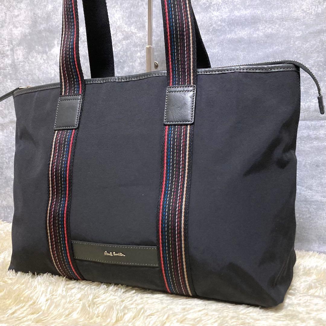 極美品】ポールスミス トート ナイロン マルチストライプ ブラック