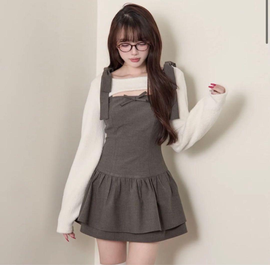 bunnylis ふわもこボレロ×ストライプミニワンピセット ホワイト - メルカリ